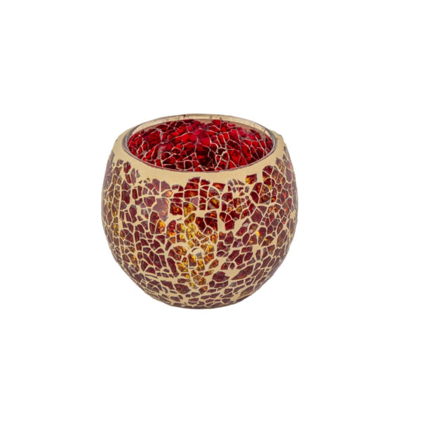 De Waxinelichthouder 8,5 CM Dorsetto mozaïek rood is een ronde kandelaar met een prachtig rood en goudkleurig glasmozaïekontwerp tegen een witte achtergrond.