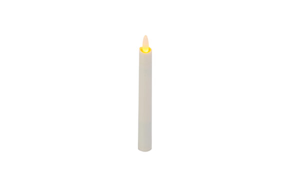 De LED dinerkaars 197mm LOS, een witte kaars op batterijen met een klein geel lichtpuntje, staat rechtop tegen een effen witte achtergrond.