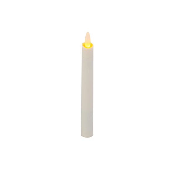 De LED dinerkaars 197mm LOS, een witte kaars op batterijen met een klein geel lichtpuntje, staat rechtop tegen een effen witte achtergrond.