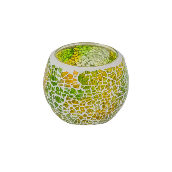 De Waxinelichthouder 8,5 CM Dorsetto mozaïek geel is een ronde kandelaar met een witte basis, voorzien van een onregelmatig mozaïek van kleine groene, gele en oranje tegeltjes op een witte achtergrond.
