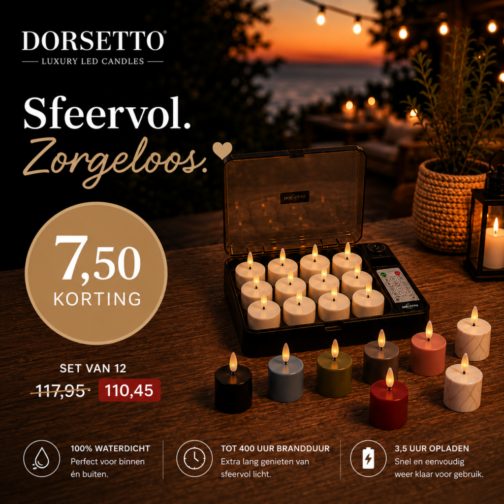 Op een tafel staat een set van 12 LED-theelichtjes in verschillende kleuren, samen met een oplaaddoosje en een afstandsbediening. Het kaarslicht en de decoratie zorgen voor een gezellige sfeer. In de Nederlandse tekst wordt reclame gemaakt voor een korting en worden de productkenmerken belicht.