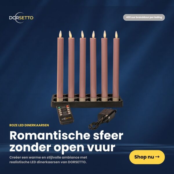 Set van 6 roze LED dinerkaarsen (250 mm), oplaadbaar, dimbaar, met afstandsbediening en adapter in zwarte houder. Gepresenteerd op een donkerblauwe achtergrond met Nederlandse tekst over romantische sfeer zonder open vuur.