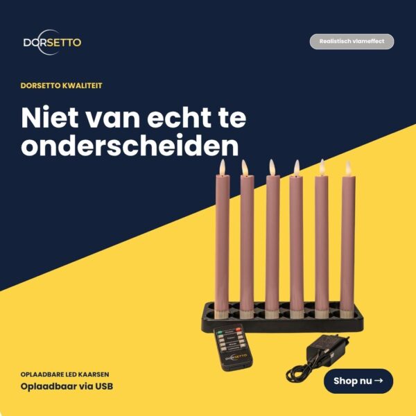 Een set van zes oplaadbare, dimbare roze LED dinerkaarsen (250 mm) met afstandsbediening en USB-kabel wordt weergegeven op een zwart dienblad tegen een gele en marineblauwe achtergrond met Nederlandse promotekst.