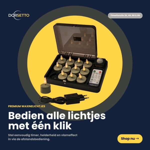 Een zwarte doos met 12 olijfgroene LED theelichtjes (tot 400 branduren), een afstandsbediening en een oplader. Eén theelichtje is buiten de doos geplaatst. Nederlandse tekst en een "Shop nu" knop zijn zichtbaar.