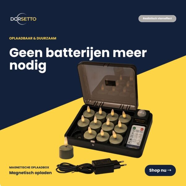 Afgebeeld is de Led waxinelichtjes olijfgroen set (12 stuks) met afstandsbediening en oplaadkabel. De tekst luidt Geen batterijen meer nodig en Magnetisch opladen. Brandduur tot 400 uur.