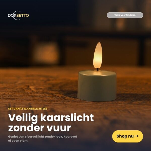 Een gloeiend olijfgroen LED waxinelichtje van Dorsetto staat op hout. Nederlandse tekst benadrukt een set van 12 led waxinelichtjes met afstandsbediening, veilig voor kinderen, die elk tot 400 uur meegaan.