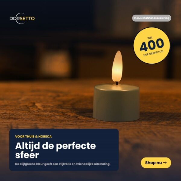 De Led waxinelichtjes olijfgroen worden geleverd in een set van 12 stuks en hebben elk een brandduur tot 400 uur. Met hun moderne look en afstandsbediening zijn deze LED waxinelichtjes perfect voor thuis of in de horeca.