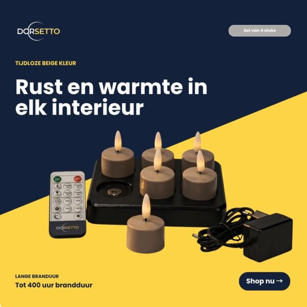 Een set van 6 beige oplaadbare waxinelichtjes met afstandsbediening, met een brandduur tot 400 uur. Een tijdloze kleur die in elk interieur past. Geleverd op een zwart dienblad met oplader.