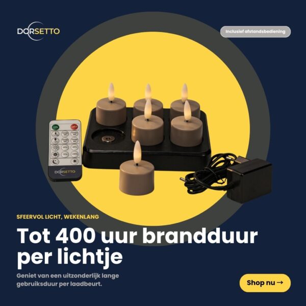 Een set van zes beige oplaadbare waxinelichtjes met een brandduur tot 400 uur, afstandsbediening en oplader, afgebeeld op een donkere achtergrond met gele accenten en Nederlandse tekst over de lange levensduur van de batterij.