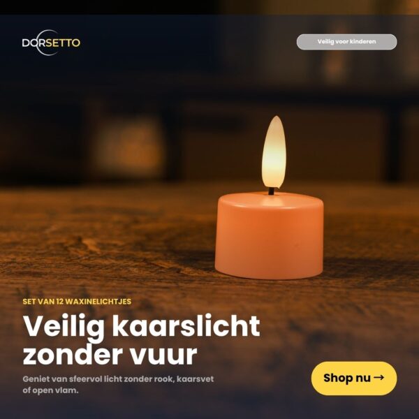 Een set van 12 oplaadbare waxinelichtjes in roze met afstandsbediening (tot 400 uur merkduur) geeft veilig kaarslicht zonder vuur. Klik op "Shop nu" om deze sfeervolle LED-kaarsen te ontdekken.