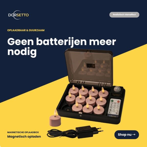 De Oplaadbare waxinelichtjes roze set bevat 12 oplaadbare kaarsen (tot 400 uur gebruik), een afstandsbediening en een voedingsadapter. De Nederlandse tekst benadrukt het batterijloze gemak en de sfeer op een blauwe en gele achtergrond.