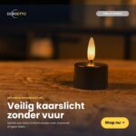 De afbeelding toont 12 kleine, zwarte oplaadbare waxinelichtjes (tot 400 uur brandduur) die warm licht uitstralen, met Nederlandse tekst over veilig, vlamloos kaarslicht. Inclusief Shop nu button, afstandsbediening en Dorsetto branding.