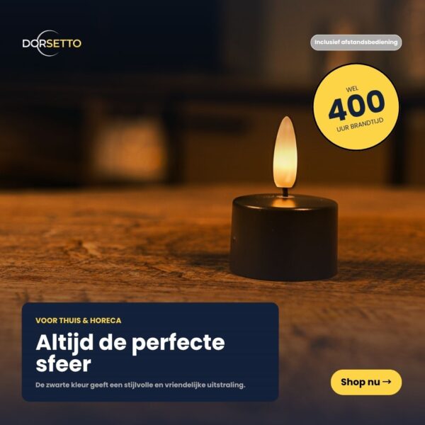 Een set van 12 oplaadbare waxinelichtjes zwart met een gloeivlam en afstandsbediening biedt tot 400 uur merkduur, ideaal voor sfeer thuis of in de horeca.