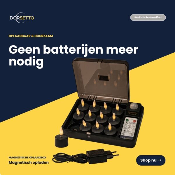 De Oplaadbare waxinelichtjes zwart set (12 stuks) bevat een zwarte oplaadbox, afstandsbediening en adapter. Tot 400 uur merkduur. Tekst: "Geen batterijen meer nodig" - voor duurzame, oplaadbare verlichting.