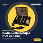 Een set van 12 oplaadbare waxinelichtjes zwart met afstandsbediening en oplader in een oplaadkoffer, tot 400 uur merkduur, gepresenteerd op een donkere achtergrond met Nederlandse tekst over eenvoudige bediening.
